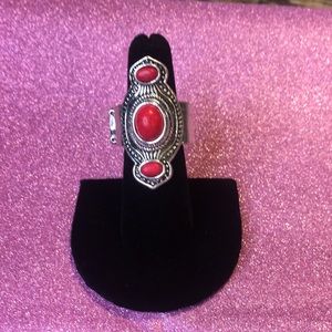 Fiesta Red & Silver stretchable band ring